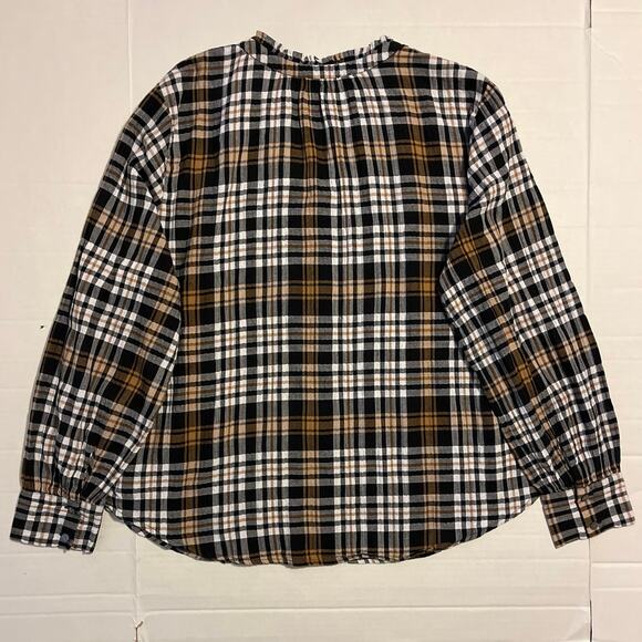 Loft Plaid Button Down Blouse Womens Size XL Black Gold Ruffle Work Casual - Picture 7 of 13